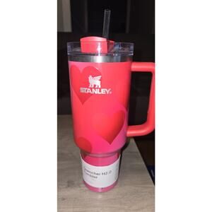 Stanley Quencher H2.0 FlowState 40oz Tumbler Pink Red Hearts Handle Straw Cup...